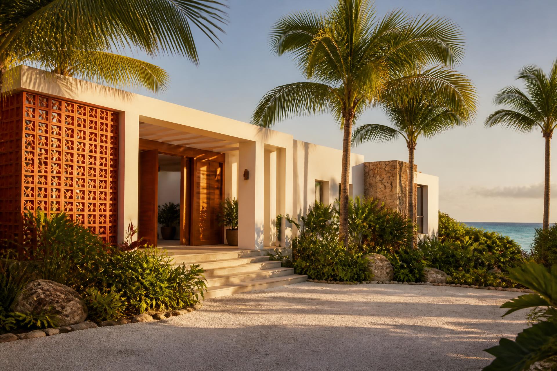A modern Caribbean villa at golden hour surrounded by palm trees